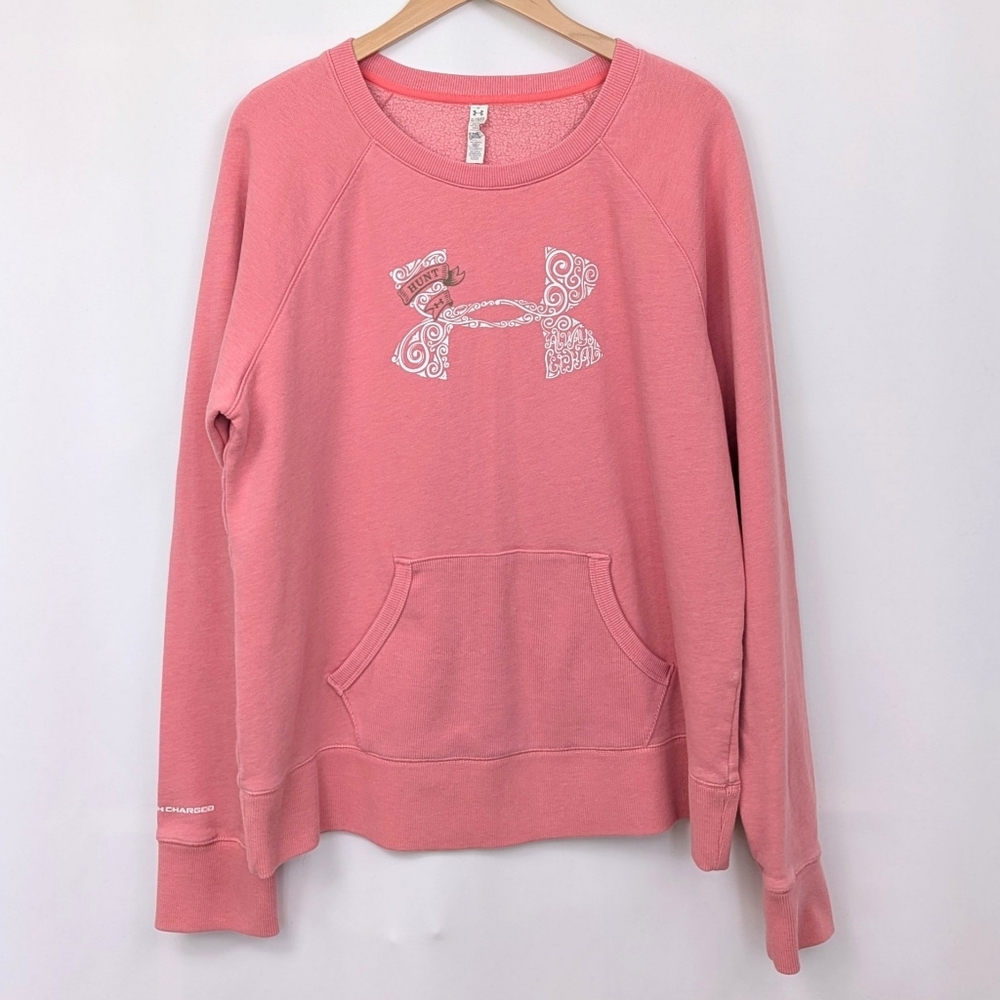 Under Armour Sweatshirt Kangaroo Pocket Pullover Semi Fitted Cold Gear Pink XL